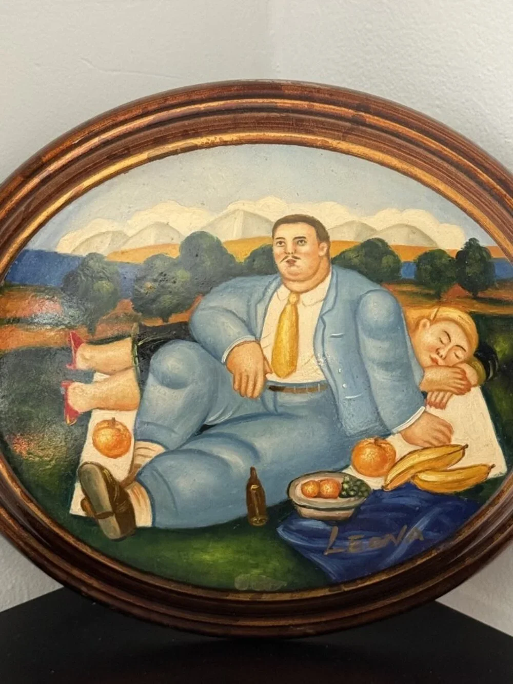 Botero Style Picnic Hand Painted Oil Painting Mid-Century Artwork (Signed Leona)